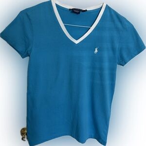 Ralph Lauren Sport Women Blue with white neck trim, V/Neck‎  T-shirt Small